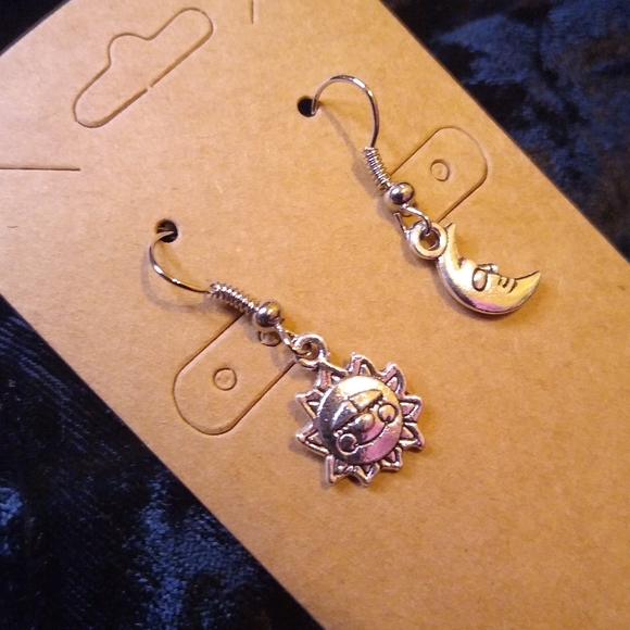 Handcrafted Sun & Moon Theme Hook Earrings Silver Tone - Picture 3 of 3